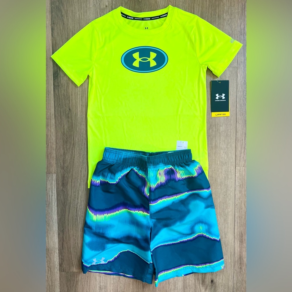 NEW Youth Boy Under Armour Neon Yellow Rashguard &‎ Swim Trunks Set